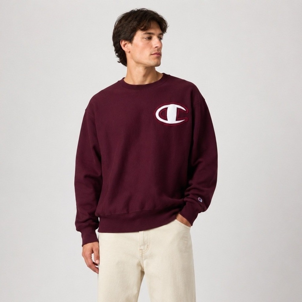 Champion Reverse Weave Sweatshirt Mens Medium Burgundy S4970 Big Logo Crewneck